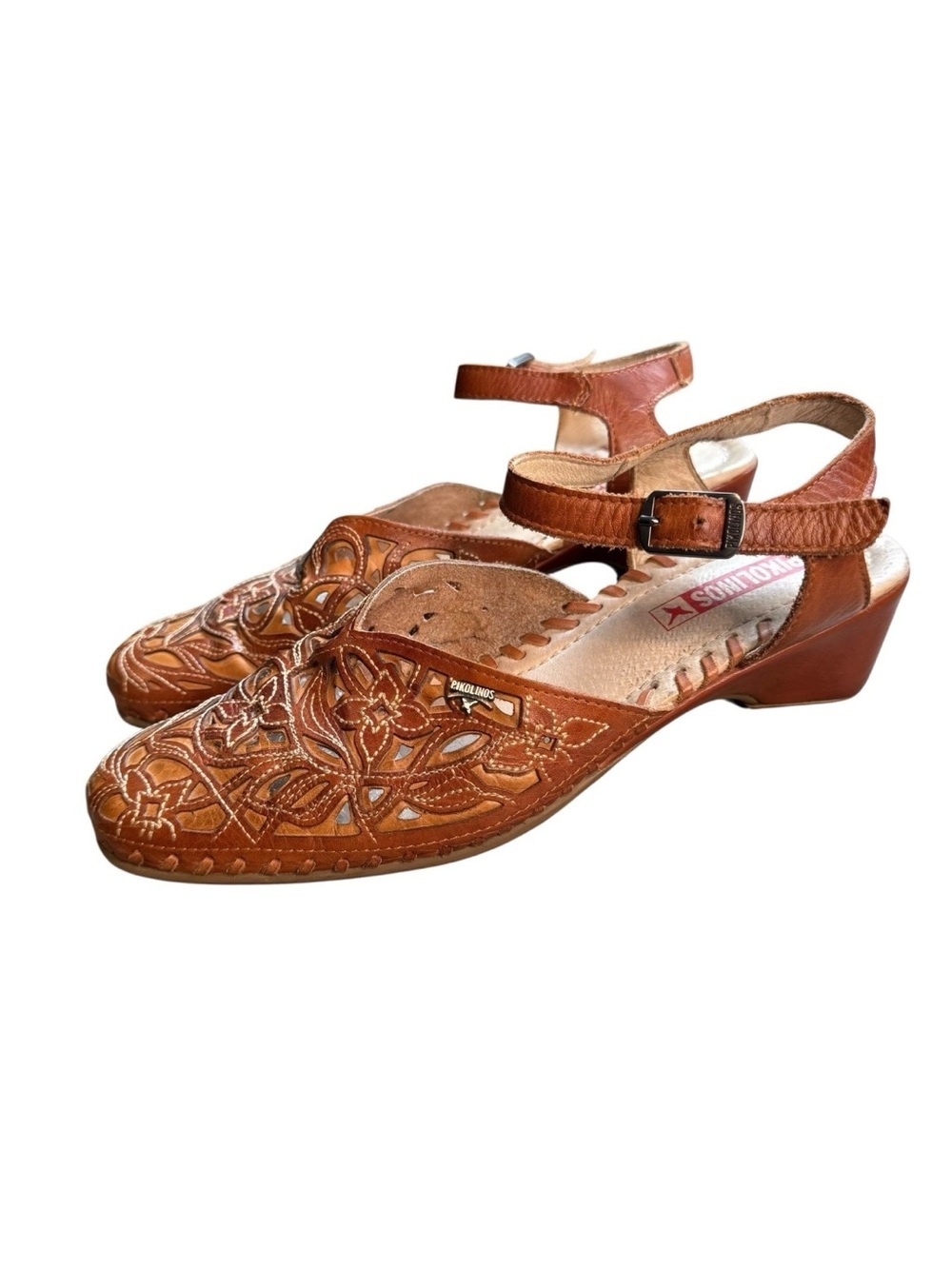 Pikolinos Leather Laser Cut Wedge Shoes Brown Ankle-Strap Sandals 41 Women’s